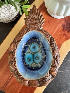 Vintage Treasure Craft Hawaiian Pineapple Bowl Maui Pottery Blue Drip Glaze Tiki
